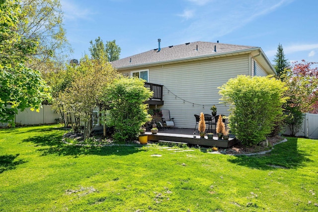 back of property featuring a fenced backyard, a wooden deck, and a yard