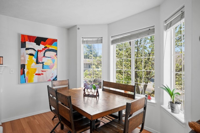dining area with a wealth of natural light, baseboards, and wood finished floors
