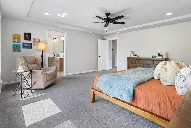 bedroom featuring carpet, ensuite bath, recessed lighting, a ceiling fan, and baseboards
