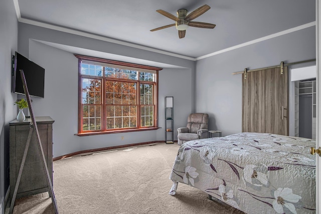21724 N Perry Rd, Colbert, WA 99005 - carpeted bedroom with ornamental molding, a barn door, baseboards, and a ceiling fan