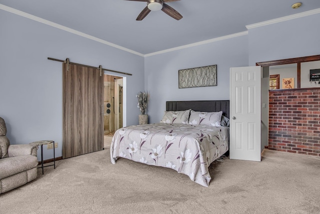21724 N Perry Rd, Colbert, WA 99005 - bedroom with a ceiling fan, crown molding, a barn door, and carpet floors