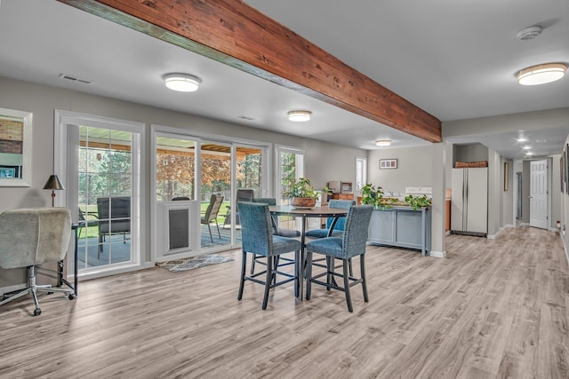 21724 N Perry Rd, Colbert, WA 99005 - dining room featuring light wood finished floors, beamed ceiling, baseboards, and visible vents
