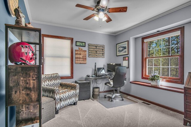 21724 N Perry Rd, Colbert, WA 99005 - home office featuring visible vents, crown molding, carpet flooring, a ceiling fan, and baseboards