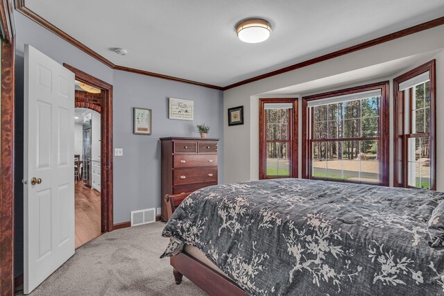 21724 N Perry Rd, Colbert, WA 99005 - carpeted bedroom with arched walkways, crown molding, visible vents, and baseboards