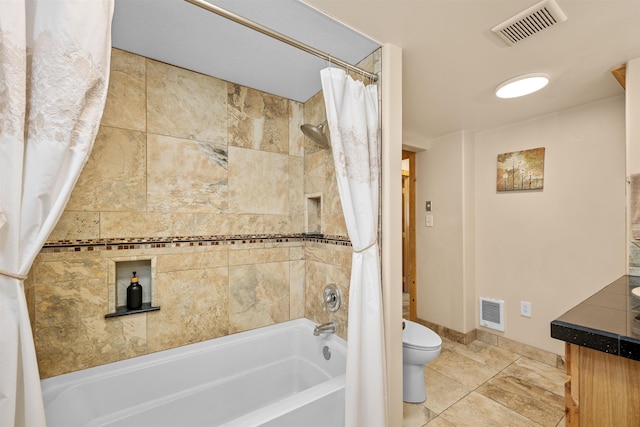 16717 E Washington Rd, Valleyford, WA 99036 - bathroom with shower / bathtub combination with curtain, toilet, vanity, and baseboards