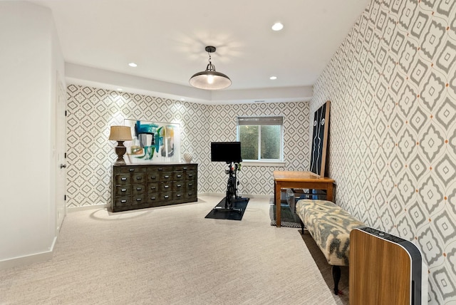 bedroom with baseboards, recessed lighting, carpet flooring, and wallpapered walls