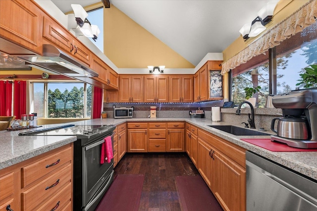 406 N Northridge Way, Fairfield, WA 99012 - kitchen featuring under cabinet range hood, a wealth of natural light, a sink, vaulted ceiling, and stainless steel appliances