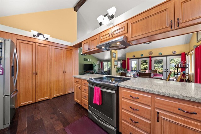 406 N Northridge Way, Fairfield, WA 99012 - kitchen featuring under cabinet range hood, stainless steel appliances, light stone countertops, and dark wood finished floors