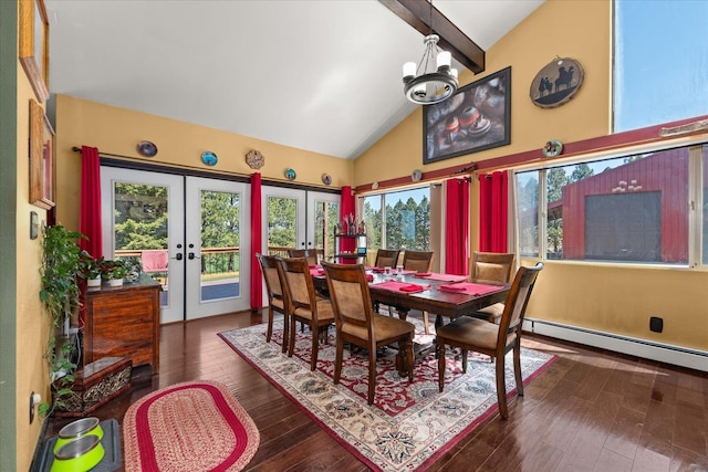 406 N Northridge Way, Fairfield, WA 99012 - dining area with french doors, wood finished floors, high vaulted ceiling, beamed ceiling, and a notable chandelier