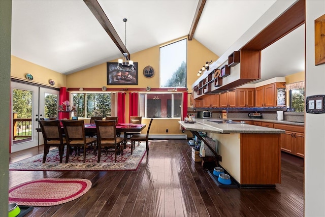 406 N Northridge Way, Fairfield, WA 99012 - kitchen featuring black electric stovetop, beam ceiling, open shelves, high vaulted ceiling, and plenty of natural light