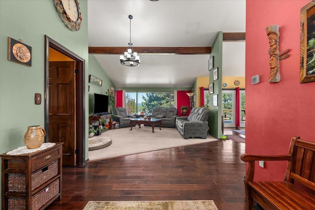 406 N Northridge Way, Fairfield, WA 99012 - living area featuring an inviting chandelier, lofted ceiling with beams, and wood-type flooring