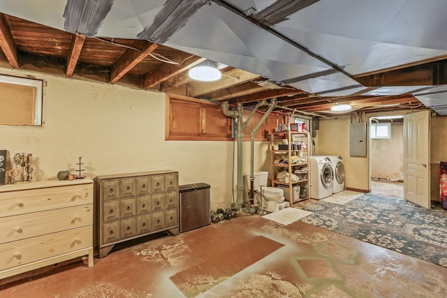 basement featuring electric panel and separate washer and dryer