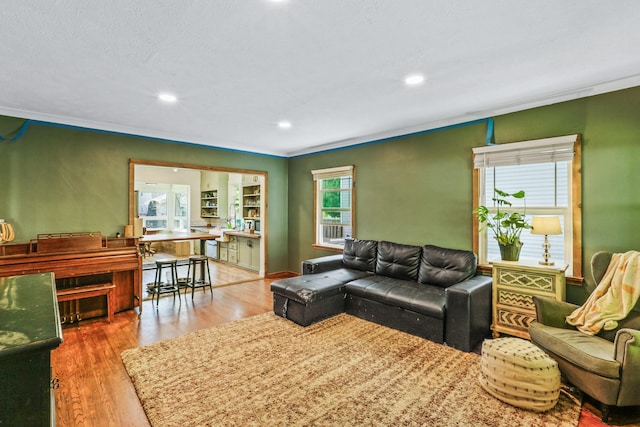 living room with ornamental molding, recessed lighting, and wood finished floors