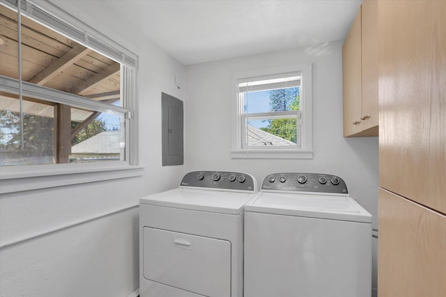 laundry room with cabinet space, electric panel, and separate washer and dryer