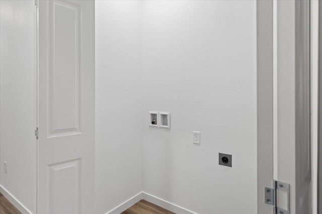 laundry room featuring baseboards, dark wood-style flooring, washer hookup, hookup for an electric dryer, and laundry area