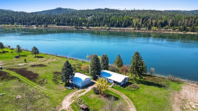 drone / aerial view with a water view and a forest view