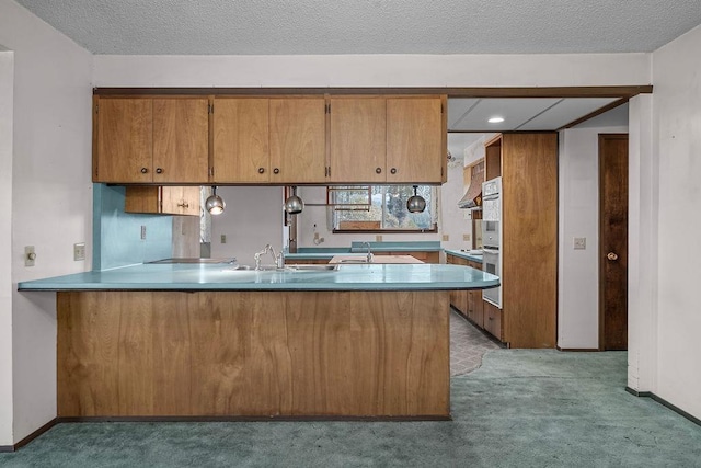kitchen with brown cabinetry, baseboards, a sink, and carpet floors