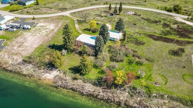 bird's eye view featuring a water view and a rural view