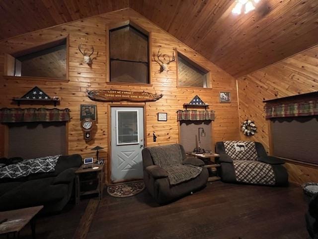 living room featuring wood walls, high vaulted ceiling, wooden ceiling, and wood finished floors