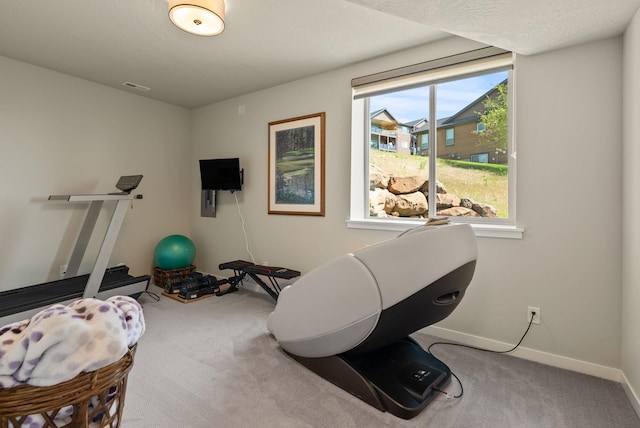 exercise room featuring baseboards, carpet flooring, and visible vents