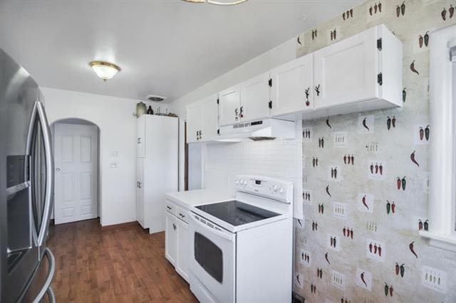 2424 W Fairview Ave, Spokane, WA 99205 - kitchen with stainless steel refrigerator with ice dispenser, white electric range, under cabinet range hood, and white cabinets