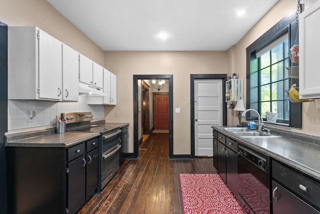 901 W 15th Ave, Spokane, WA 99203 - kitchen with range with two ovens, dishwasher, a sink, white cabinetry, and dark wood-style flooring