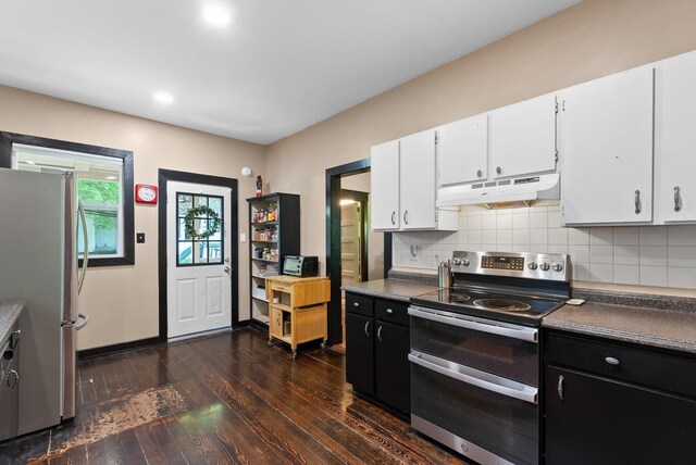 901 W 15th Ave, Spokane, WA 99203 - kitchen featuring under cabinet range hood, stainless steel appliances, dark wood-style floors, dark cabinets, and tasteful backsplash