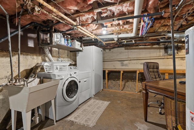 901 W 15th Ave, Spokane, WA 99203 - unfinished below grade area with washing machine and clothes dryer, freestanding refrigerator, and a sink