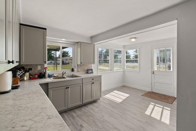 16813 E Valleyway Ave, Spokane Valley, WA 99037 - kitchen with gray cabinetry, a sink, healthy amount of natural light, and decorative backsplash