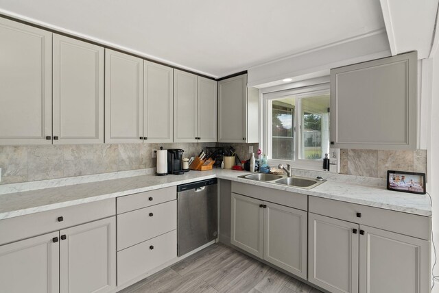 16813 E Valleyway Ave, Spokane Valley, WA 99037 - kitchen featuring a sink, dishwasher, backsplash, and gray cabinets