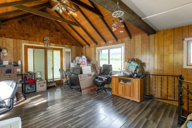 office with dark wood finished floors, wood walls, beamed ceiling, a ceiling fan, and high vaulted ceiling