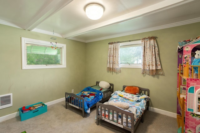 carpeted bedroom featuring beam ceiling, baseboards, crown molding, and heating unit