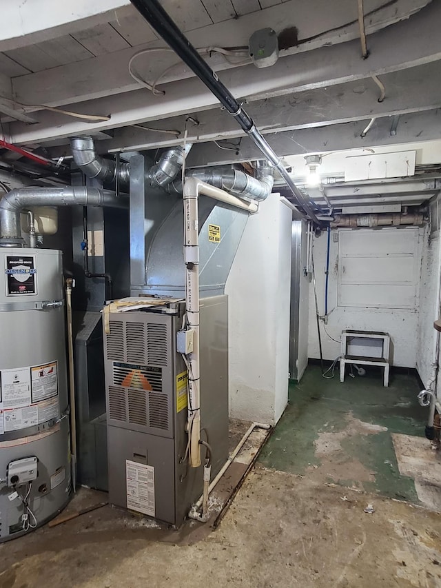 unfinished basement featuring water heater and heating unit