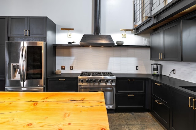 1016 W Railroad Ave Unit 202, Spokane, WA 99201 - kitchen with stainless steel appliances, open shelves, butcher block counters, backsplash, and ventilation hood