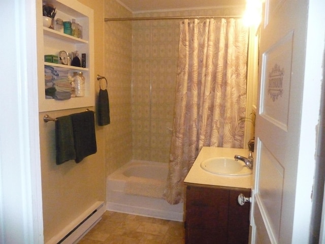 full bath featuring shower / bath combo, vanity, and baseboard heating