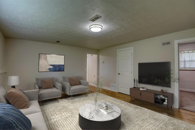living room with wood finished floors, baseboards, and a textured ceiling