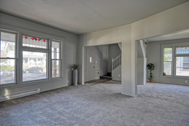 1121 W Knox Ave, Spokane, WA 99205 - unfurnished living room featuring carpet, stairway, baseboard heating, and baseboards