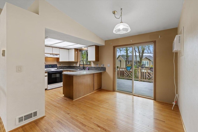 15121 N Meadowview Dr, Mead, WA 99021 - kitchen with electric range, a sink, a peninsula, white cabinetry, and light wood-style floors