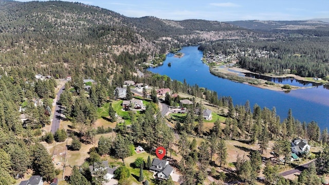 aerial overview of property's location featuring a forest and a water and mountain view