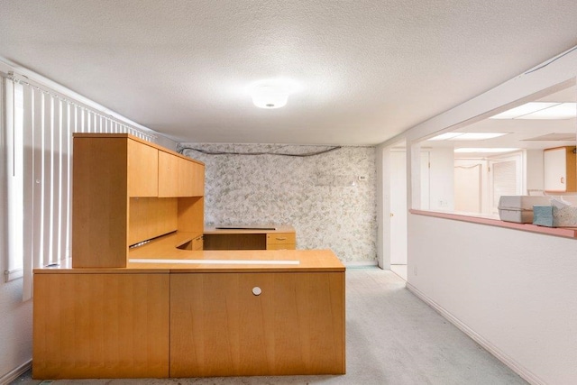 1725 N Park Rd, Spokane Valley, WA 99212 - kitchen with a textured ceiling, light colored carpet, light countertops, baseboards, and a peninsula