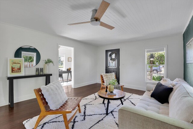 2709 E Sharp Ave, Spokane, WA 99202 - living room featuring ceiling fan, wood finished floors, baseboards, and wooden ceiling