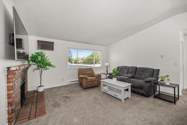 306 E Weile Ave Unit 3, Spokane, WA 99208 - carpeted living area featuring vaulted ceiling, a baseboard heating unit, a fireplace, a wall mounted AC, and a textured ceiling