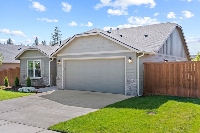 view of front of house featuring stone siding, a garage, roof with shingles, concrete driveway, and board and batten siding