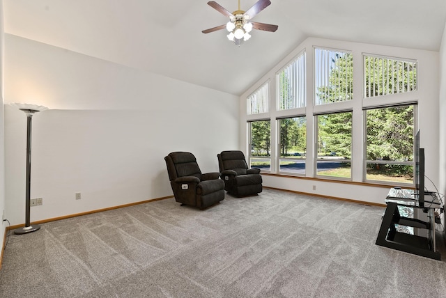 2238 Green Rd, Newport, WA 99156 - living area with a ceiling fan, carpet floors, baseboards, and high vaulted ceiling