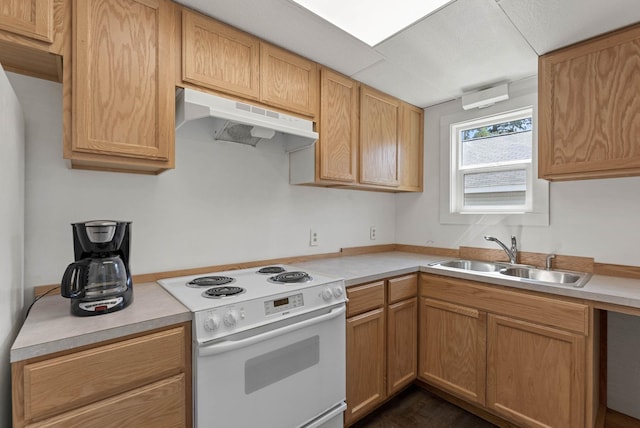 kitchen with electric range, under cabinet range hood, a sink, and light countertops