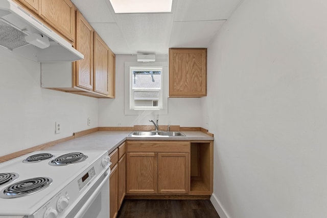 kitchen with white electric range oven, a sink, under cabinet range hood, light countertops, and dark wood finished floors