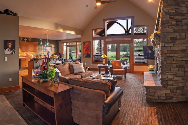 21621 N Lang Ln, Chattaroy, WA 99003 - living area with baseboards, high vaulted ceiling, and ceiling fan