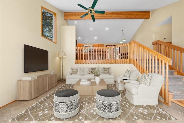 14512 N Dartford Dr, Spokane, WA 99208 - living room featuring ceiling fan, high vaulted ceiling, beam ceiling, and stairs