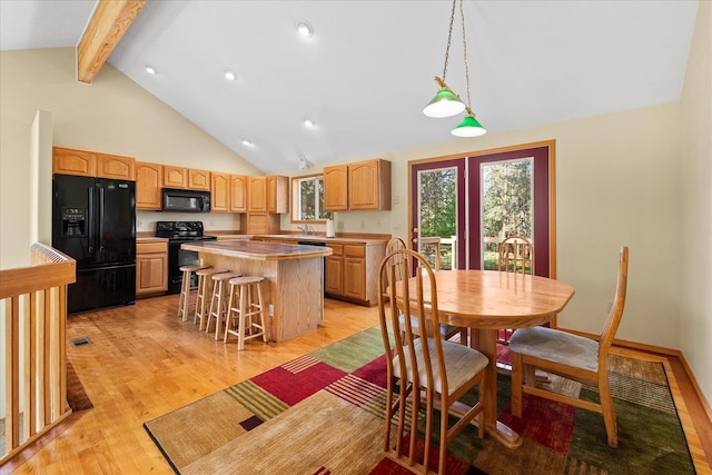 14512 N Dartford Dr, Spokane, WA 99208 - dining space featuring light wood-style floors, beam ceiling, high vaulted ceiling, and recessed lighting