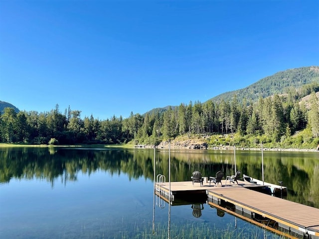 dock with a forest view and a water and mountain view